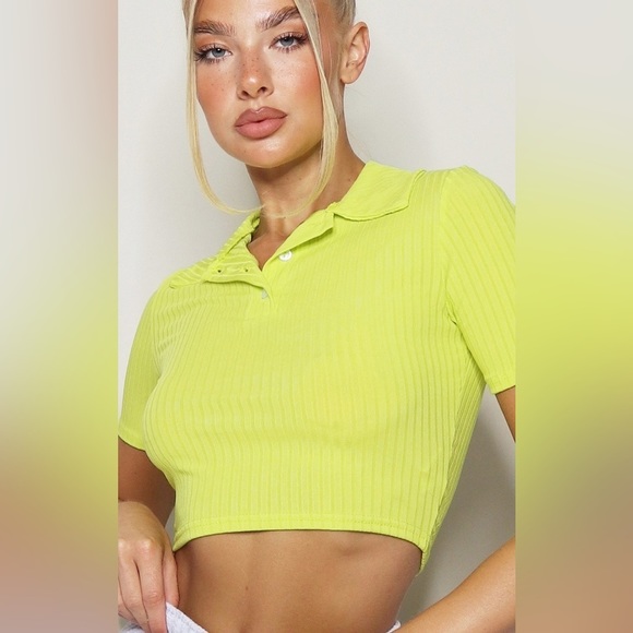 PrettyLittleThing Rib Cropped Polo Top  Size 0 US‎ Lime Neon Crop Short Sleeve - Picture 6 of 9